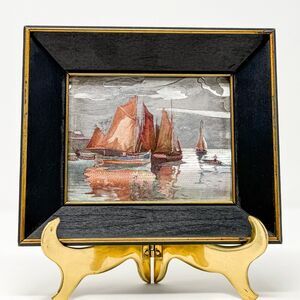 Vintage Foil Sailboat Print Framed Nautical Wall Art Mid Century Decor